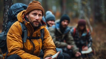 Fototapeta premium Group of Hikers in a Forest Setting