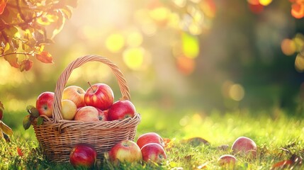 Wooden Basket With Red Apples On Grass In Sunny Garden - Autumn And Harvest with generative ai