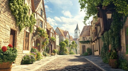 3D illustration of a charming European village with cobblestone streets and historic buildings.