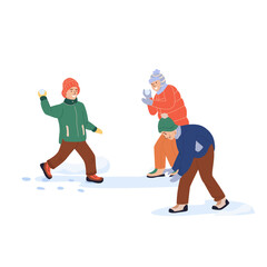 Smiling boys play snowballs. Kids having fun, making, sculpting and throwing snow balls. Wintertime game on winter holidays. Flat vector illustration isolated on white background