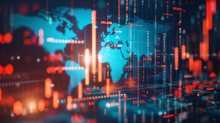 Double exposure of a global world map on a business financial stock market trading background.
