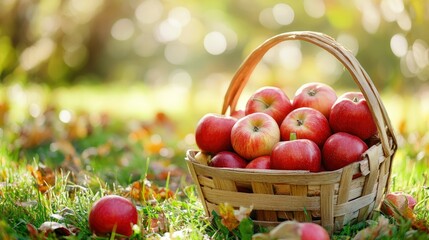 Wooden Basket With Red Apples On Grass In Sunny Garden - Autumn And Harvest with generative ai