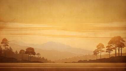 Vintage Postcard with Old Photograph of Forest and Mountains Background in Sepia with Copy Space