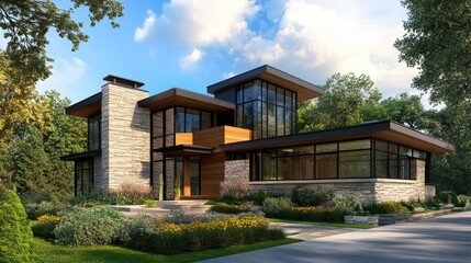 3D rendering of a contemporary home with a mix of natural materials and modern design.