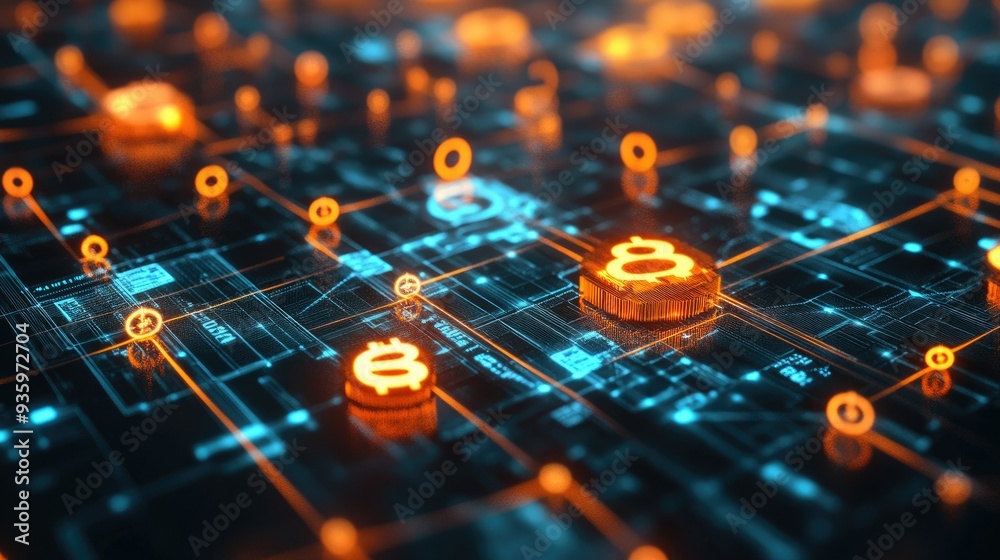 Poster 3d rendering of a financial network with glowing interconnected currency symbols and nodes.