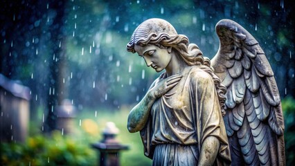 Weathered stone angel statue in rain at cemetery, weathered, stone, statue, angel, wings, rain, cemetery, memorial