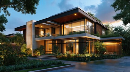 Fototapeta premium 3D rendering of a stylish modern home with eco-friendly design elements and rooftop garden.