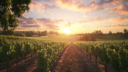 Naklejka premium 3D rendering of an idyllic vineyard with rows of grapevines, a winery, and a beautiful sunset.