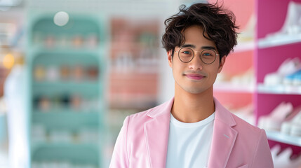 Portrait of a young Asian man in a light pink blazer, smiling confidently in a modern retail setting with pastel-colored displays in the background.