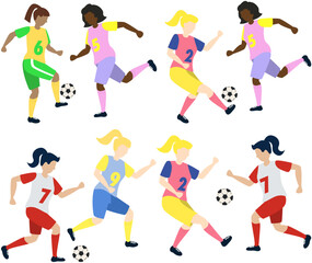 Soccer players kicking ball characters set, flat cartoon vector illustration isolated on white background. Soccer or football game players collection.