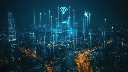 5G network wireless systems and internet of things with modern city skyline