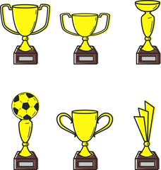 golden trophies and awards flat vector illustrations set