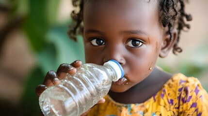 Close up image of a young child drinking from a bottle containing oral solution
