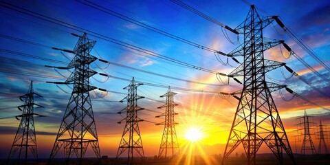 Fototapeta premium Electricity transmission towers with glowing wires against blue sky Energy concept, electricity
