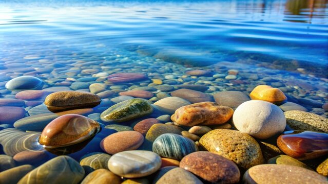 Steine im Wasser sauberes ruhiges Wasser mit verschiedenen Steinen, die darauf liegen, Steine, Wasser, ruhig, Kiesel, Natur, flach