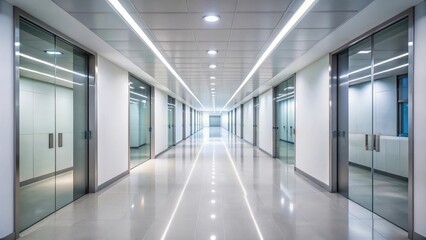 Obraz premium A long empty corridor in a modern office building, corridor, hallway, empty, modern, workplace, interior