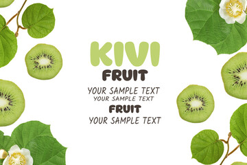 Creative layout made of kiwi with leaves and flowers isolated on white background.Flat lay. Food concept.free space for text or logo