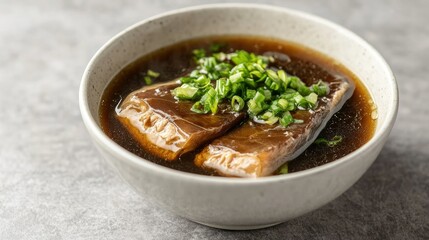 A luxurious bowl of braised shark fin soup, showcasing the tender fins and rich broth, isolated on a grey backdrop.