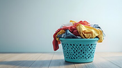 laundry basket, overflowing clothes, colorful garments, messy pile, turquoise plastic basket, wooden floor, white wall background, copy space for text, domestic scene.