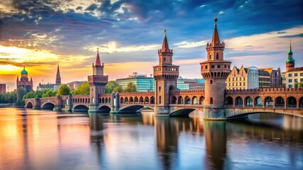 Obraz premium Iconic Oberbaum Bridge in Berlin with city skyline in the background, Berlin, Germany