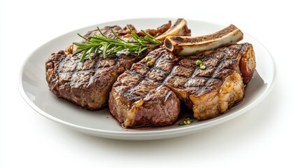 A plate of grilled beef steak with bone, isolated on a white background. The juicy, tender steak is the focus, with no distractions.