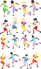Soccer players kicking ball characters set with girls and boys, flat cartoon vector illustration isolated on white background. Soccer or football game players collection.
