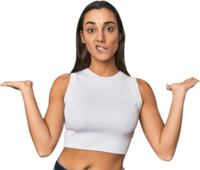 Hispanic young woman confused and doubtful shrugging shoulders to hold a copy space.