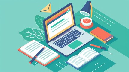 Isometric Laptop, Books and Pencils on a Green Background.