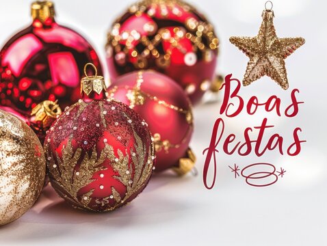 Festive Holiday Greeting Card with "Boas Festas" in Elegant Red Cursive


