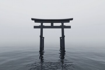 Minimalist black and white photograph of a torii gate reflecting on tranquil water in a serene and misty atmosphere - Powered by Adobe