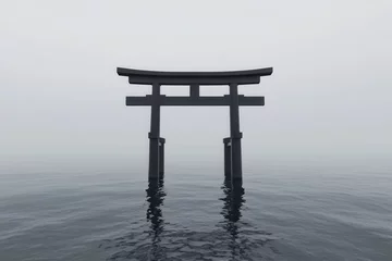 Selbstklebende Fototapeten Minimalist black and white photograph of a torii gate reflecting on tranquil water in a serene and misty atmosphere © Georgii