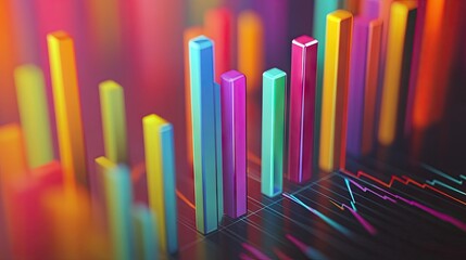 Obraz premium Abstract 3D financial graph with colorful bars and lines, showcasing financial trends.
