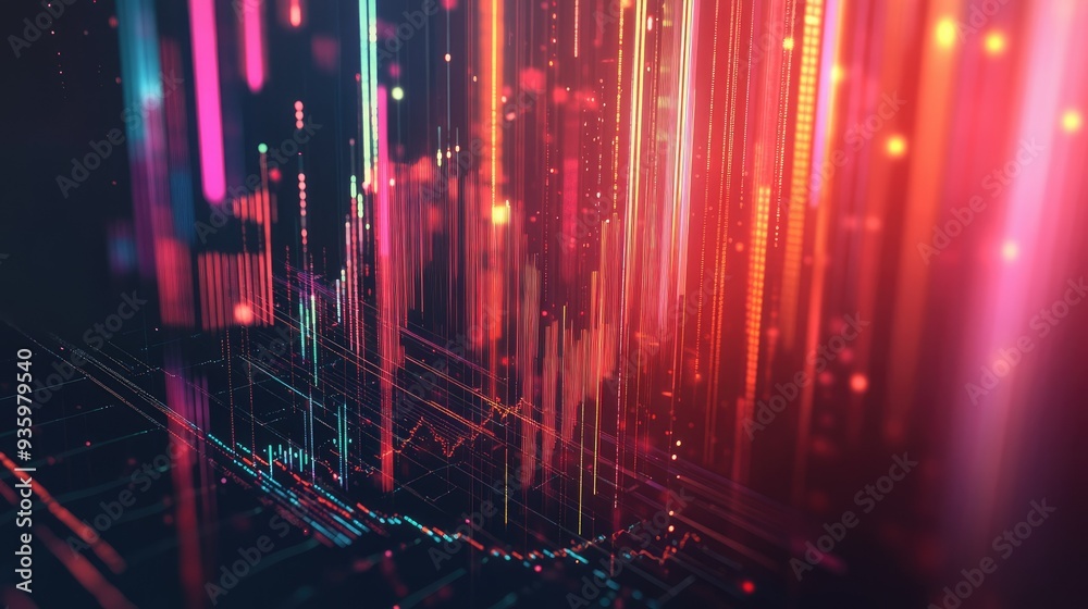 Poster abstract 3d financial graph with dynamic lines and bars representing market data.