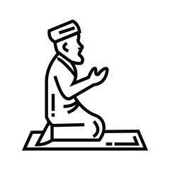 Vector illustration of icon design of a Muslim man sitting with a prayer mat with his hands up while praying