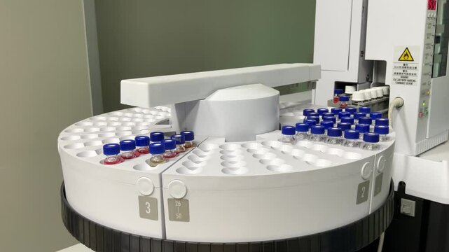 Automated laboratory sample handling system with vials in gas chromatography autosampler carousel. Modern scientific research and pharmaceutical testing equipment for chemical analysis