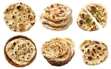 Indian Chapati Tandoori Naan roti bread flatbread on transparent cutout, PNG file. Many assorted different angles, stack, pile, torn, pieces, basket. Mockup template for artwork design
