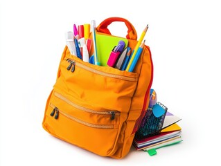 Mochila con Útiles Escolares Aislada sobre Fondo Blanco