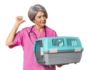 Caucasian mid-age vet holding pet carrier feels proud and self confident, example to follow.
