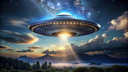 A detailed image of a UFO flying in the night sky with Clipping Path, UFO, unidentified, flying, object, space, night