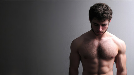 Obraz premium A shirtless man with a muscular physique stands against a plain background, looking down in a moment of deep thought and introspection, emphasizing strength and contemplation.