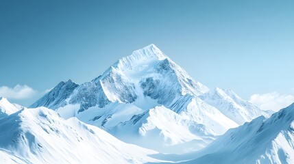 Obraz premium Pristine snowy mountain peak under a clear blue sky, untouched white slopes, crisp and cold winter air, dramatic lighting, high contrast, panoramic view.