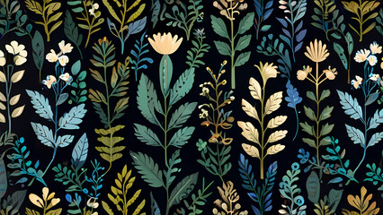 flat vector pattern with a botanical theme, Include different types of leaves, flowers, and branches in a repeating arrangement.