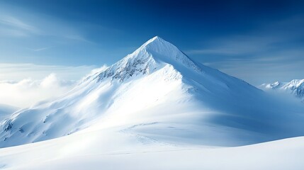 Pristine snowy mountain peak under a clear blue sky, untouched white slopes, crisp and cold winter air, dramatic lighting, high contrast, panoramic view.