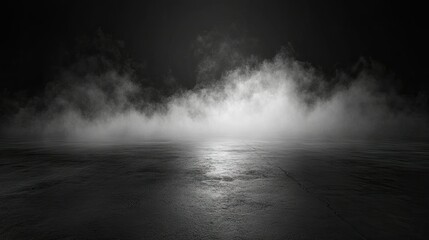 Abstract image of dark room concrete floor. Black room or stage background for product placement.Panoramic view of the abstract fog. White cloudiness, mist or smog moves on black background.
