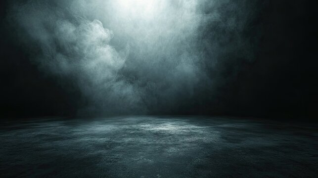 Abstract image of dark room concrete floor. Black room or stage background for product placement.Panoramic view of the abstract fog. White cloudiness, mist or smog moves on black background.