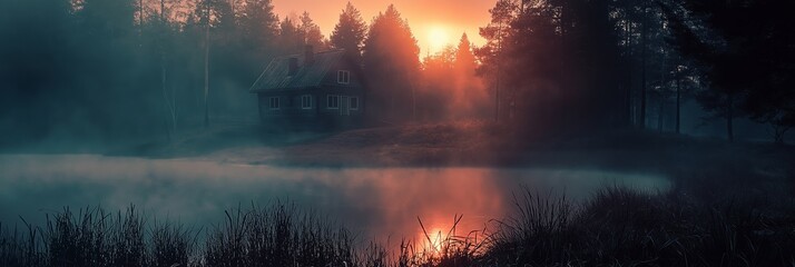 Obraz premium A serene house by a lake surrounded by misty forest trees at sunrise, reflecting off the calm water.