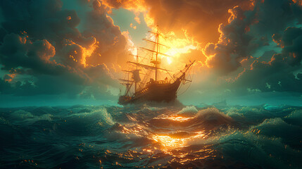 Obraz premium sailing ship at sea with additional sunlight