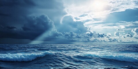 Fototapeta premium A vast ocean scene under a dramatic sky, with storm clouds parting to let through beams of sunlight, creating a striking contrast.