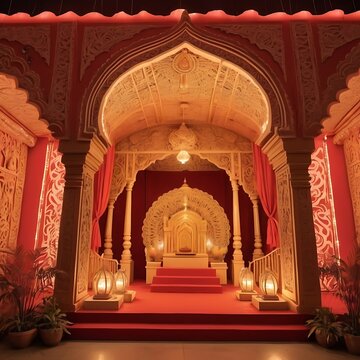 A Durga puja pandal with beautiful decoration and lighting 