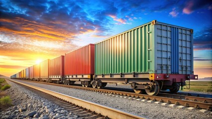 Fototapeta premium Wagon of freight train with containers on sky background, freight train, wagon, containers, transportation, logistics, rail